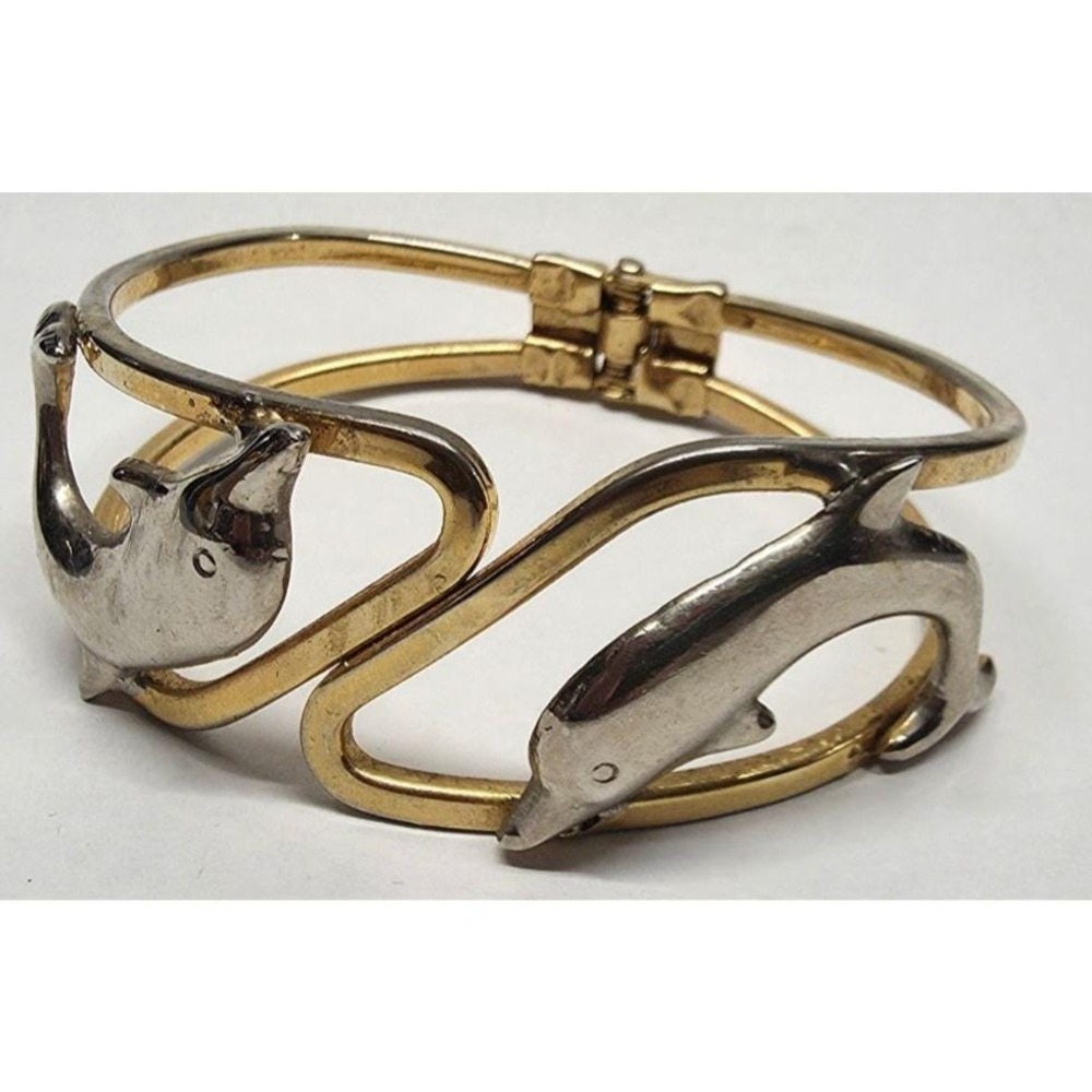Vintage Goldtone Silvertone Dolphin Bangle Cuff Bracelet Hinged Marine Jewelry